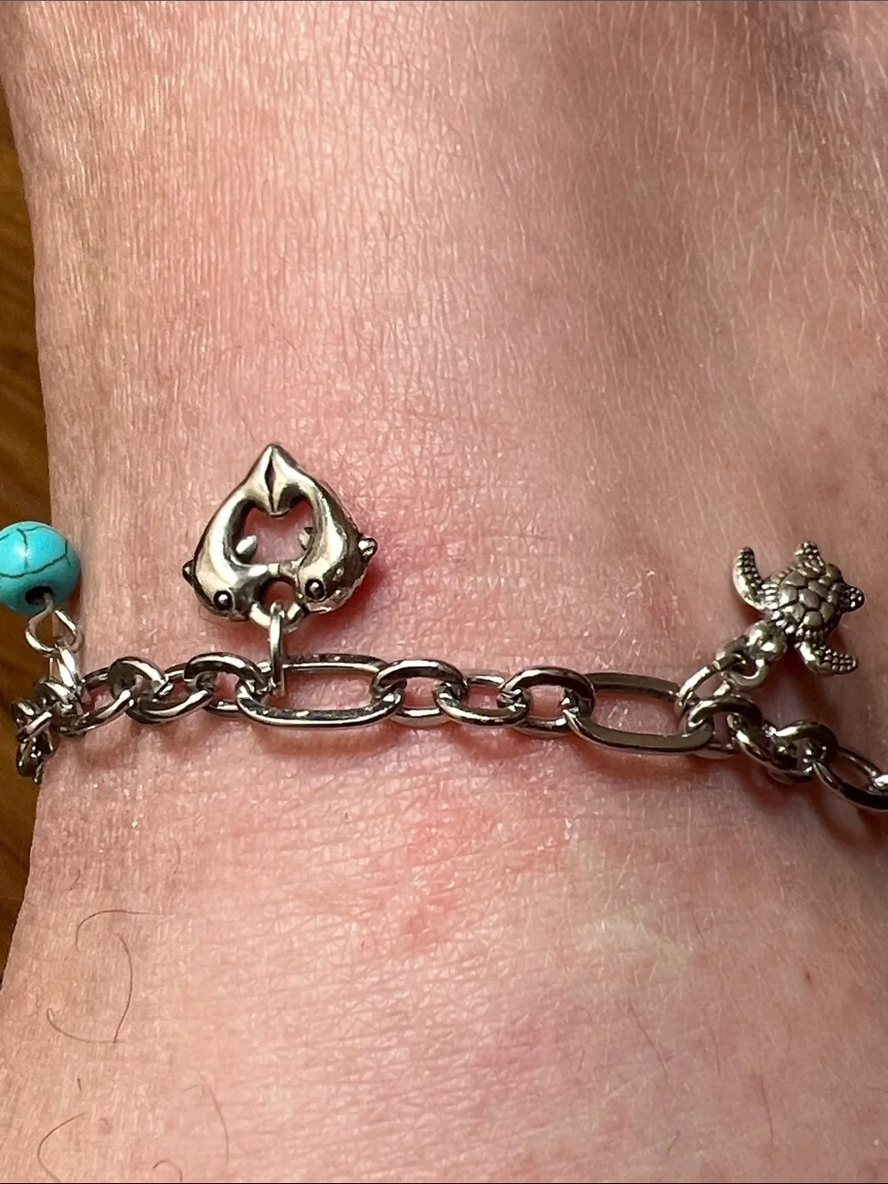 🌞 Sterling Silver Charm Bracelet w/Turquoise Accents Turtles Dolphins Whales OS